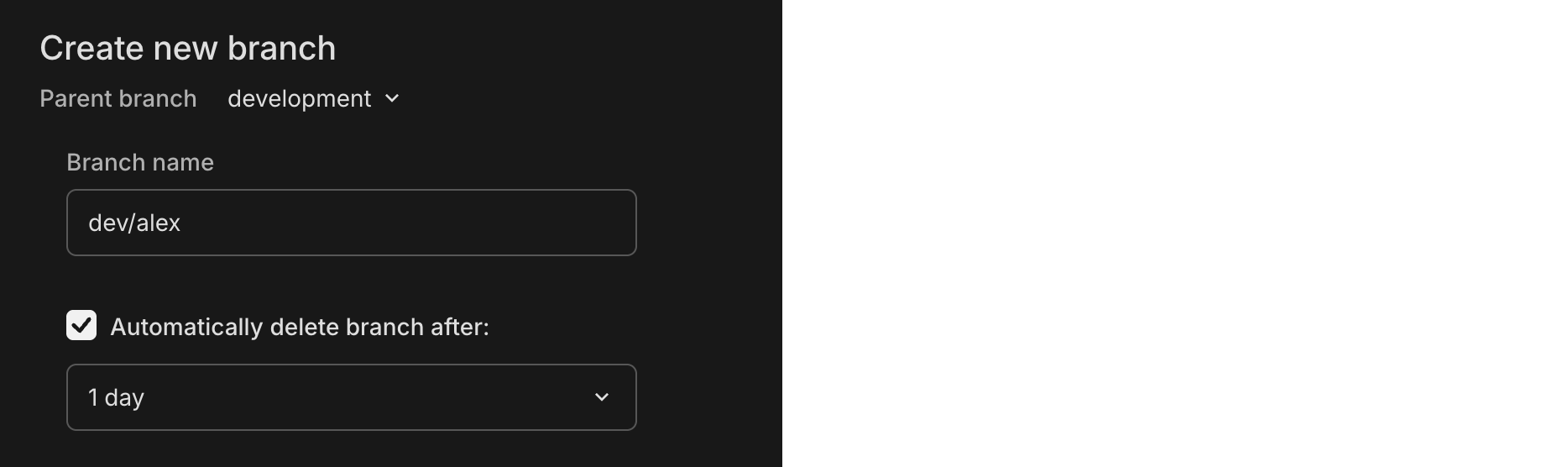 Branch creation dialog with auto-delete enabled by default