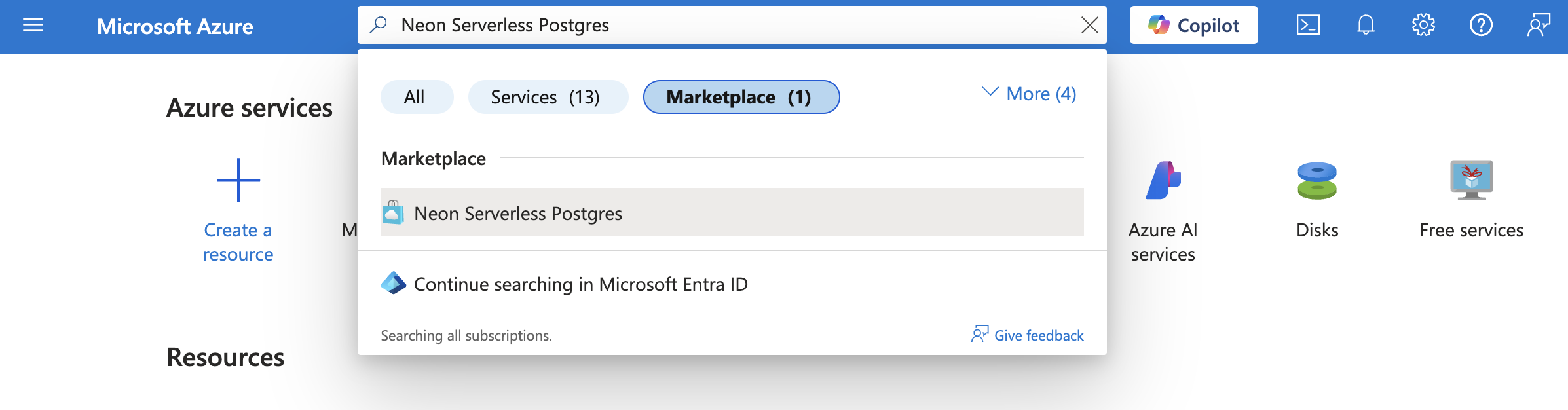 Search for Neon Serverless Postgres on Azure