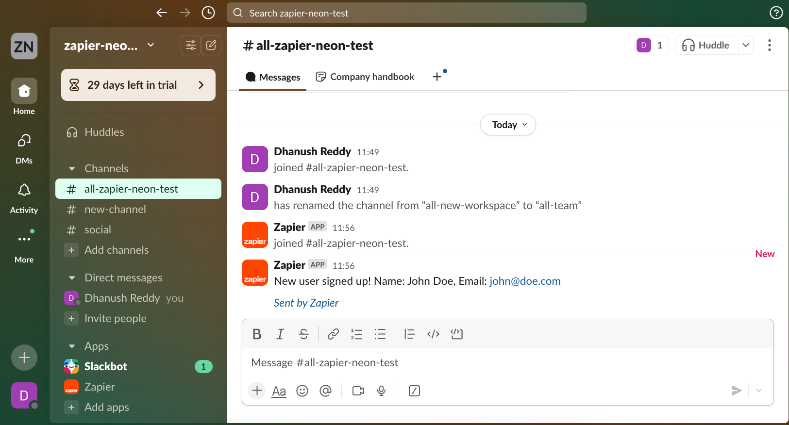 Zapier message test in Slack